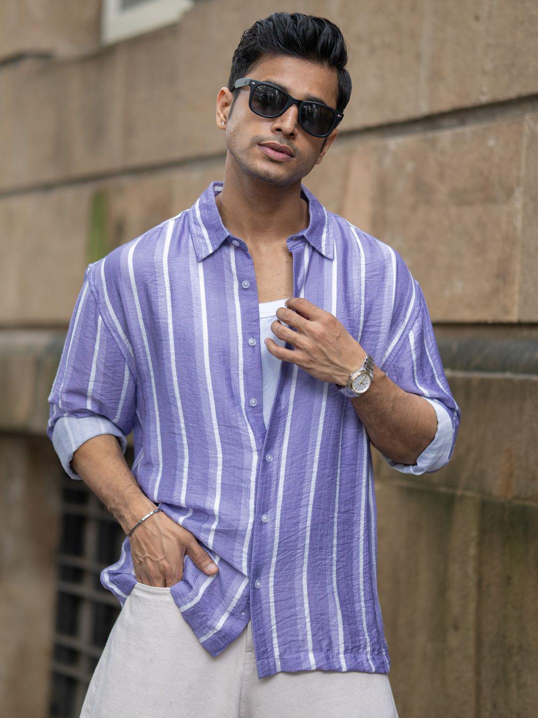 Powerlook Men Oversized Fit Vertical Striped Spread Collar Casual Shirt