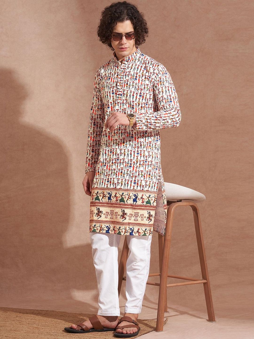 Comfort Meets Style Grey Printed Muslin Kurta Pyjama Set for Men - Buy main image 1