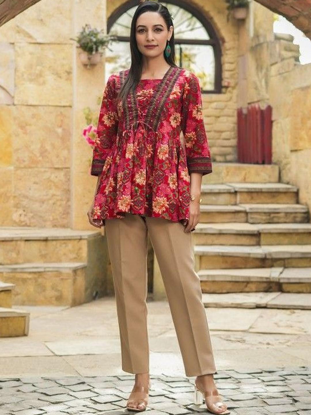 Women Brown Square Neck Peplum Top