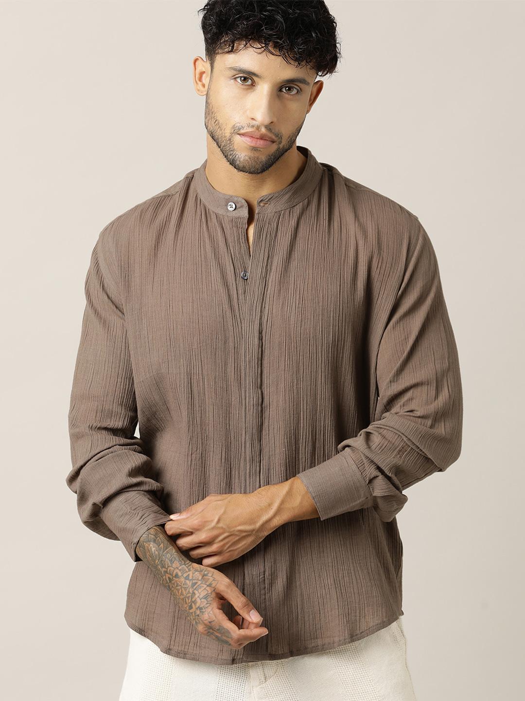 Paper Cut Men Relaxed Fit Textured Band Collar Cotton Casual Shirt