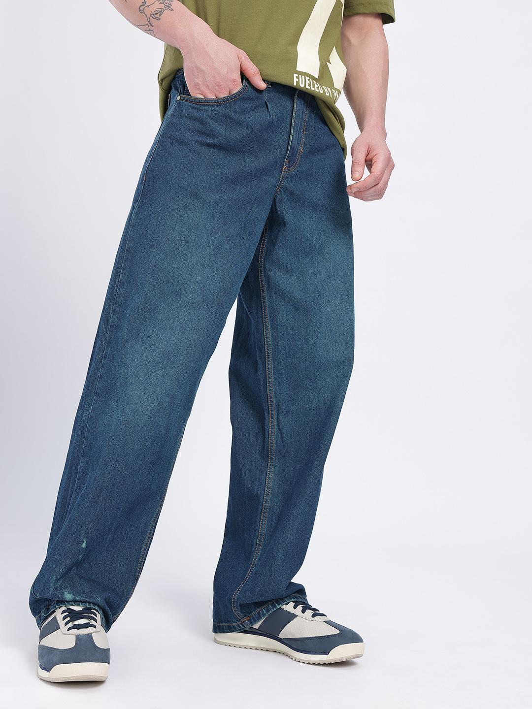 glitchez Men Loose Baggy Mid-Rise Light Fade Acid Wash Jeans