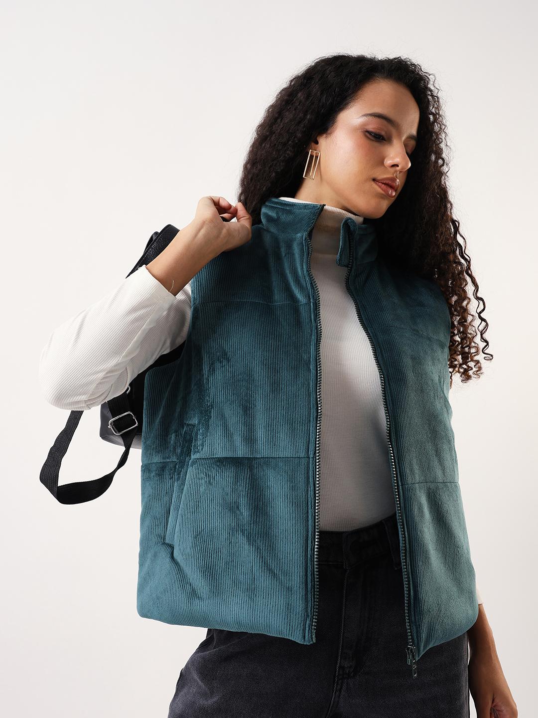 DL Woman Stand Collar Sleeveless Velvet Lightweight Jacket