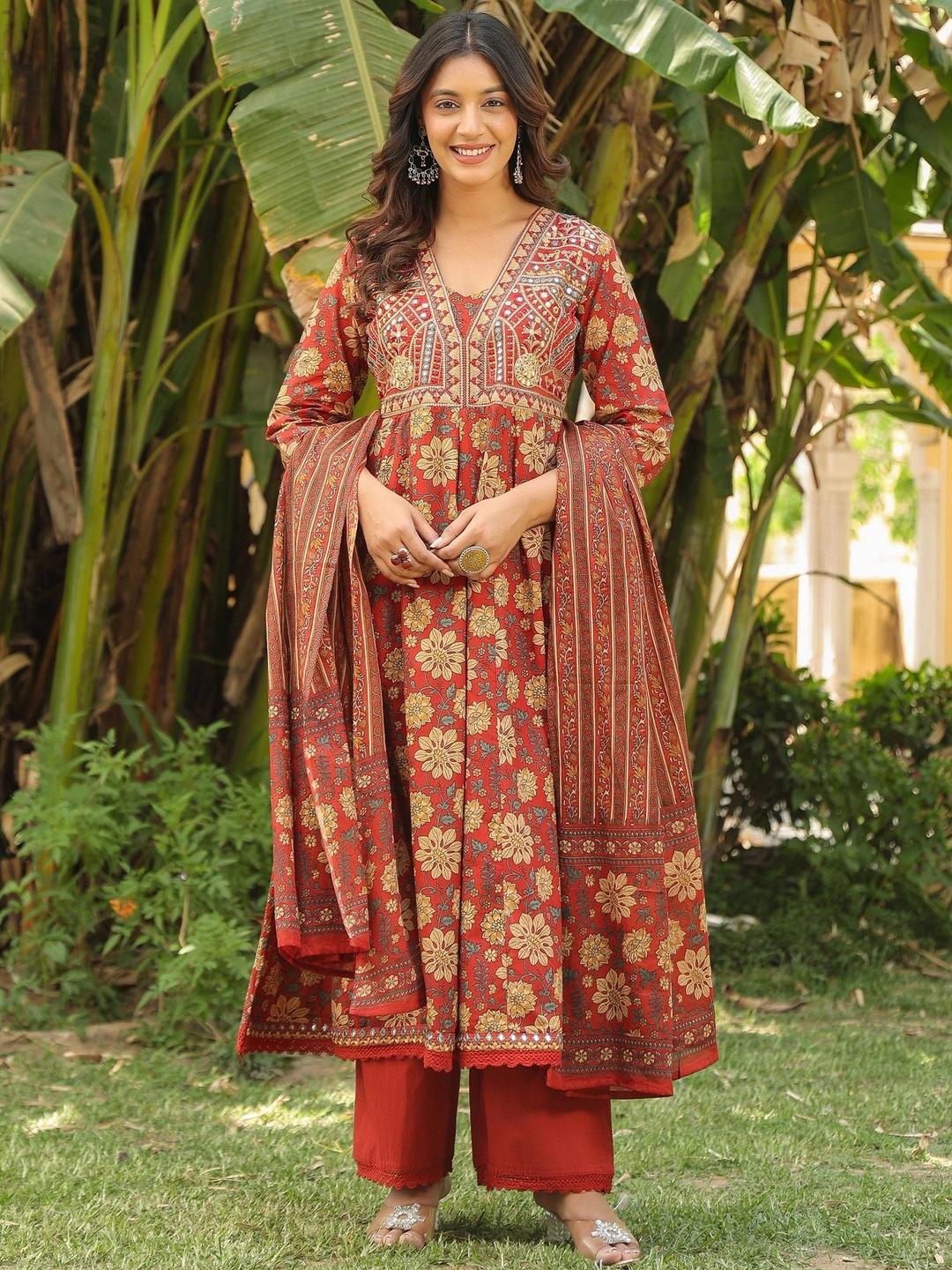 Women's Mustard Embellished Mirror Work Sequinned Anarkali Kurta with Dupatta