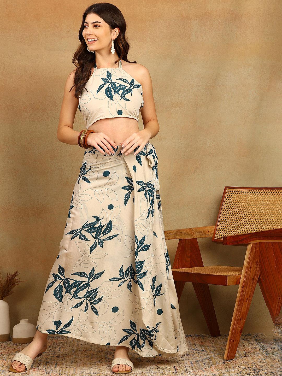 Halter Neck Sleeveless Top and Asymmetrical Skirt Set
