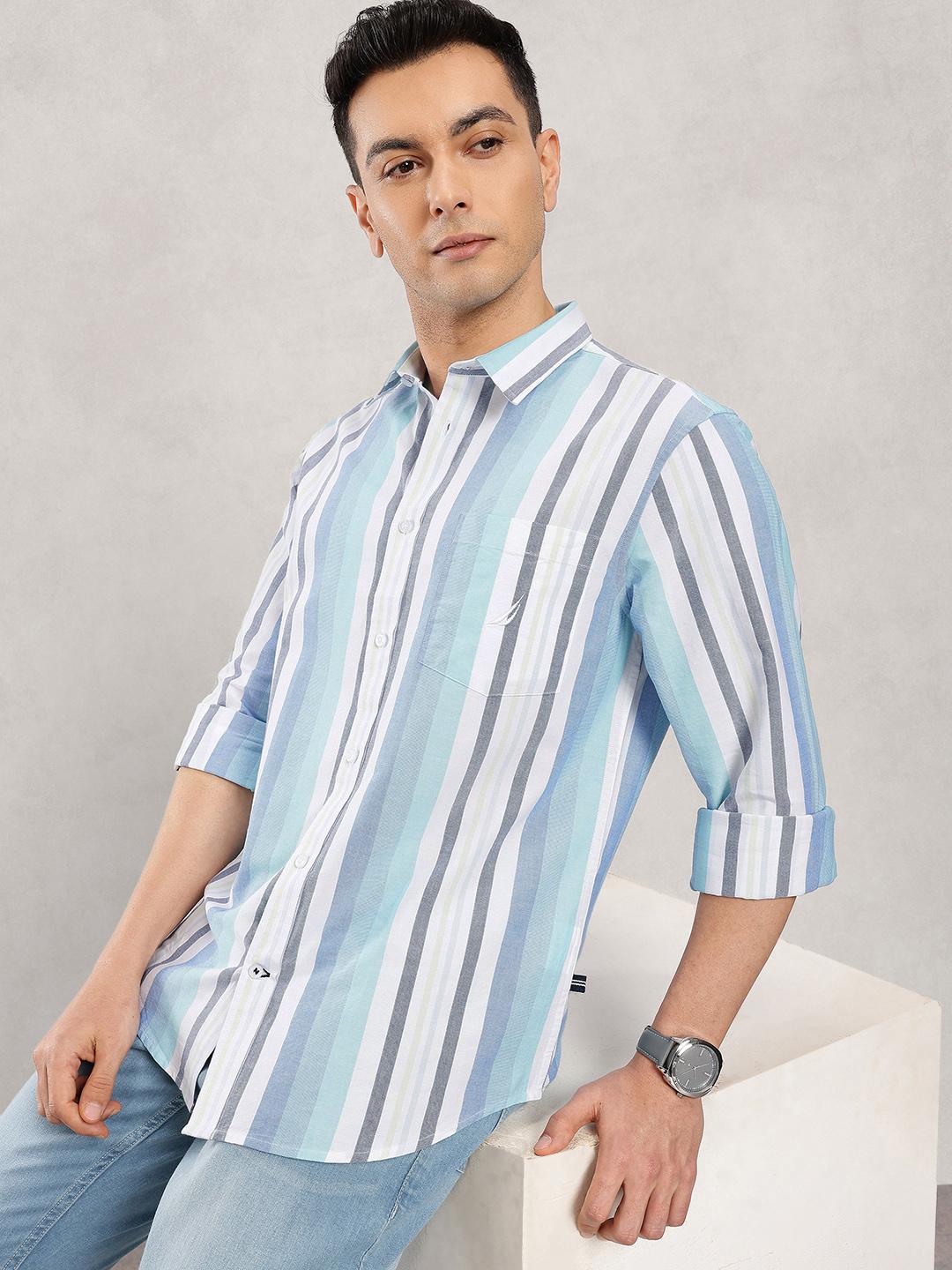 Nautica Slim Fit Striped Pure Cotton Casual Shirt