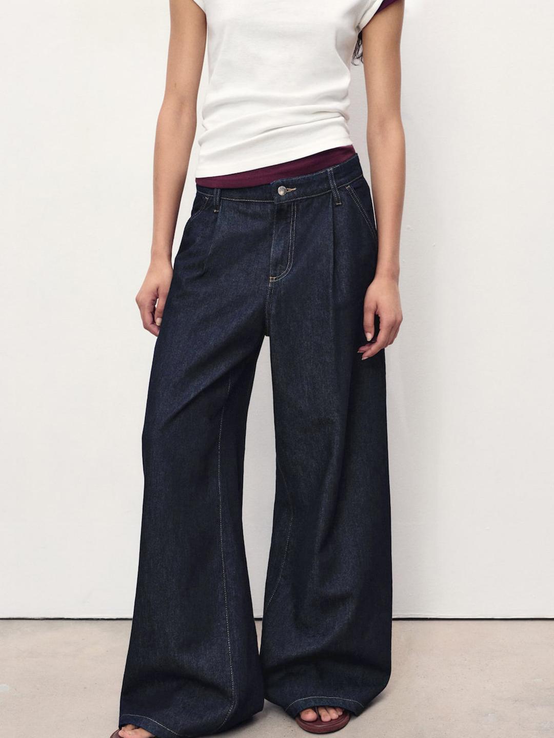 MANGO Women High Rise Pleated Wide Leg Jeans