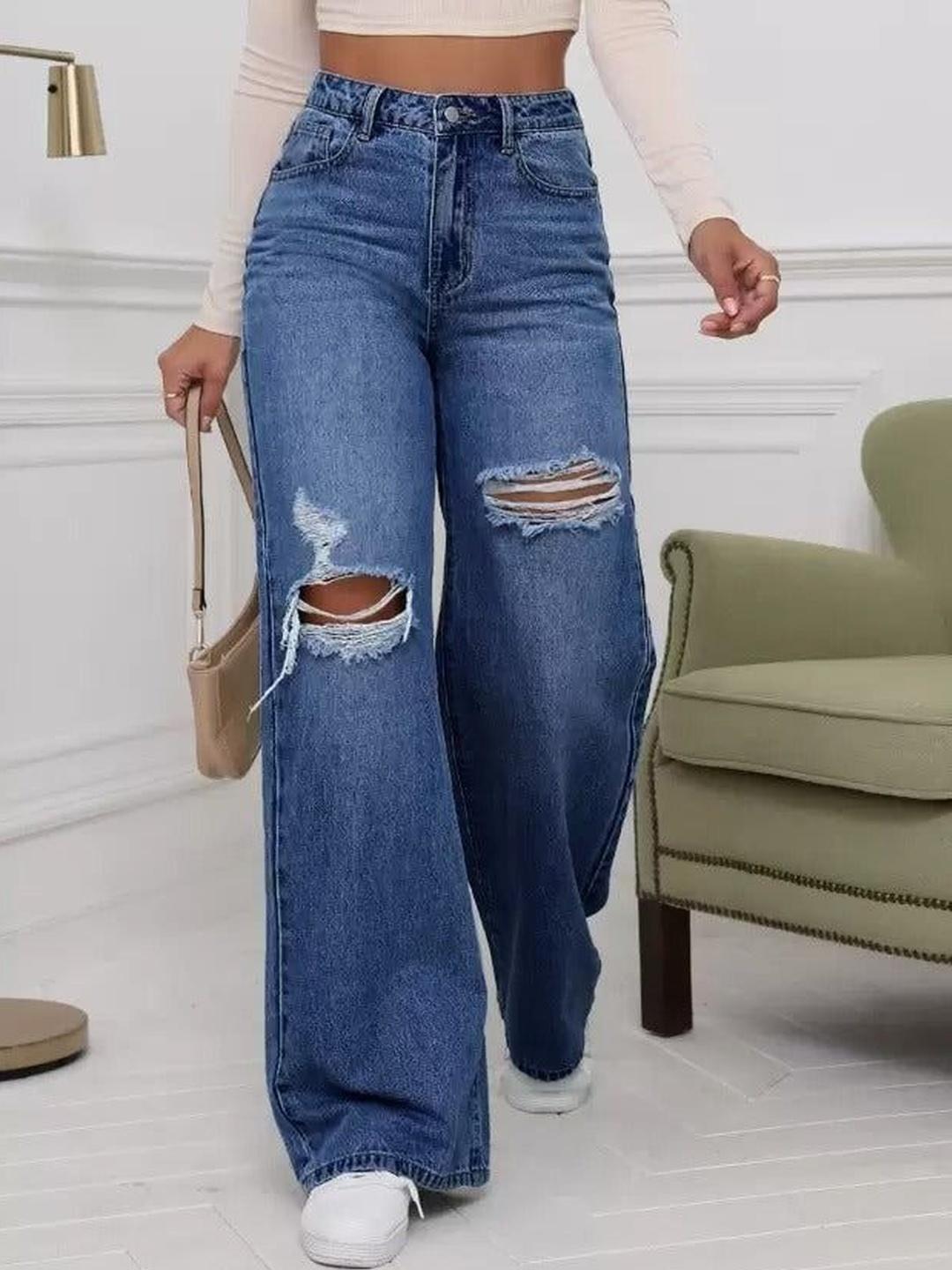 Ds Fashion Women Wide Leg High-Rise Slash Knee Light Fade Jeans