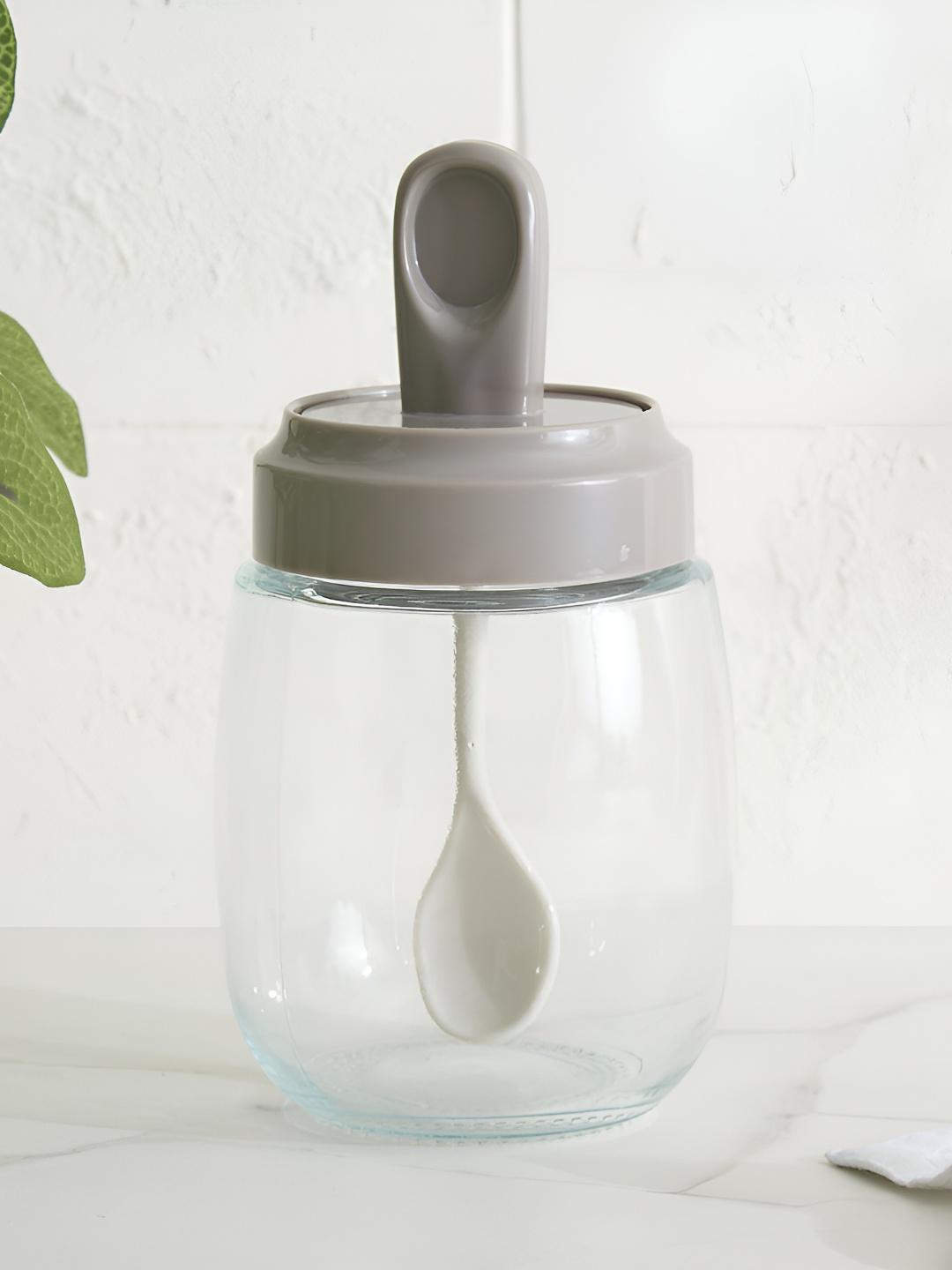 Buy Home Centre Grey Glass Easy To Clean Condiment Jar With Spoon 290ml ...
