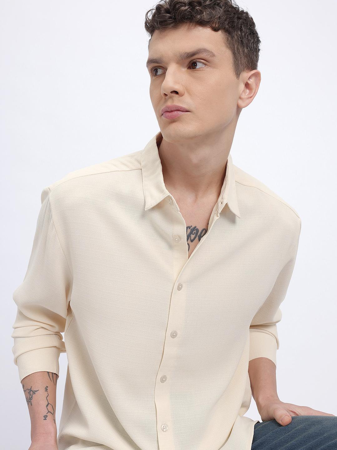 Cream Solid Spread Collar Regular Fit Casual Shirt