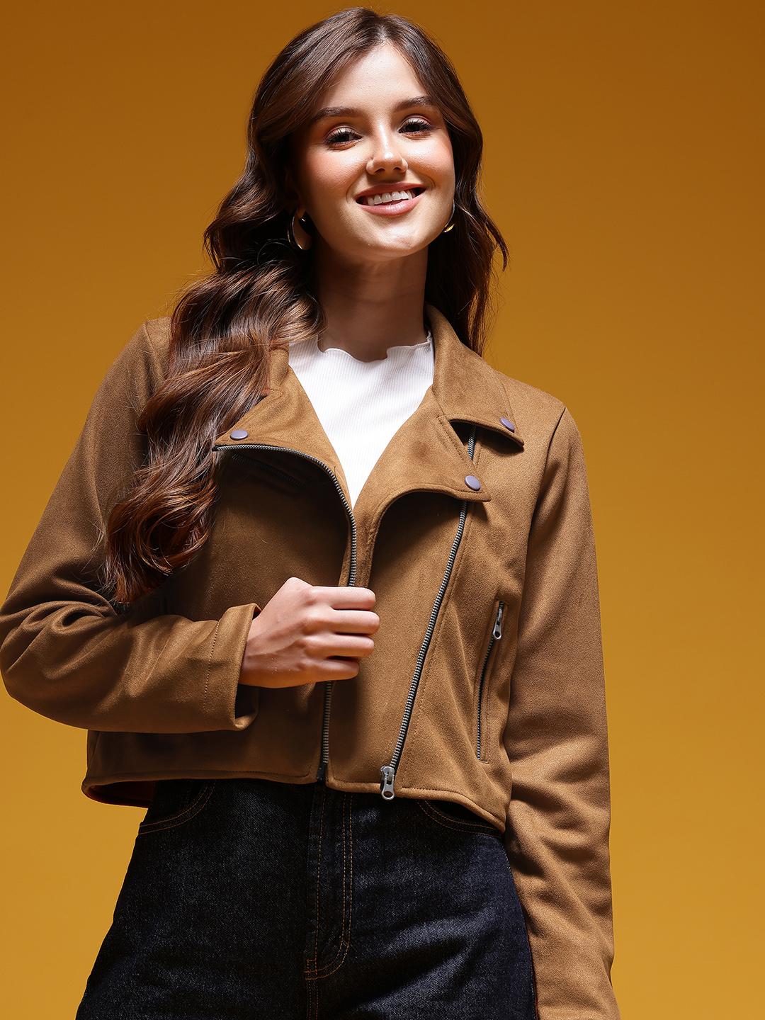 HERE&NOW Solid Suede Finish Biker Jacket With Zip Detail