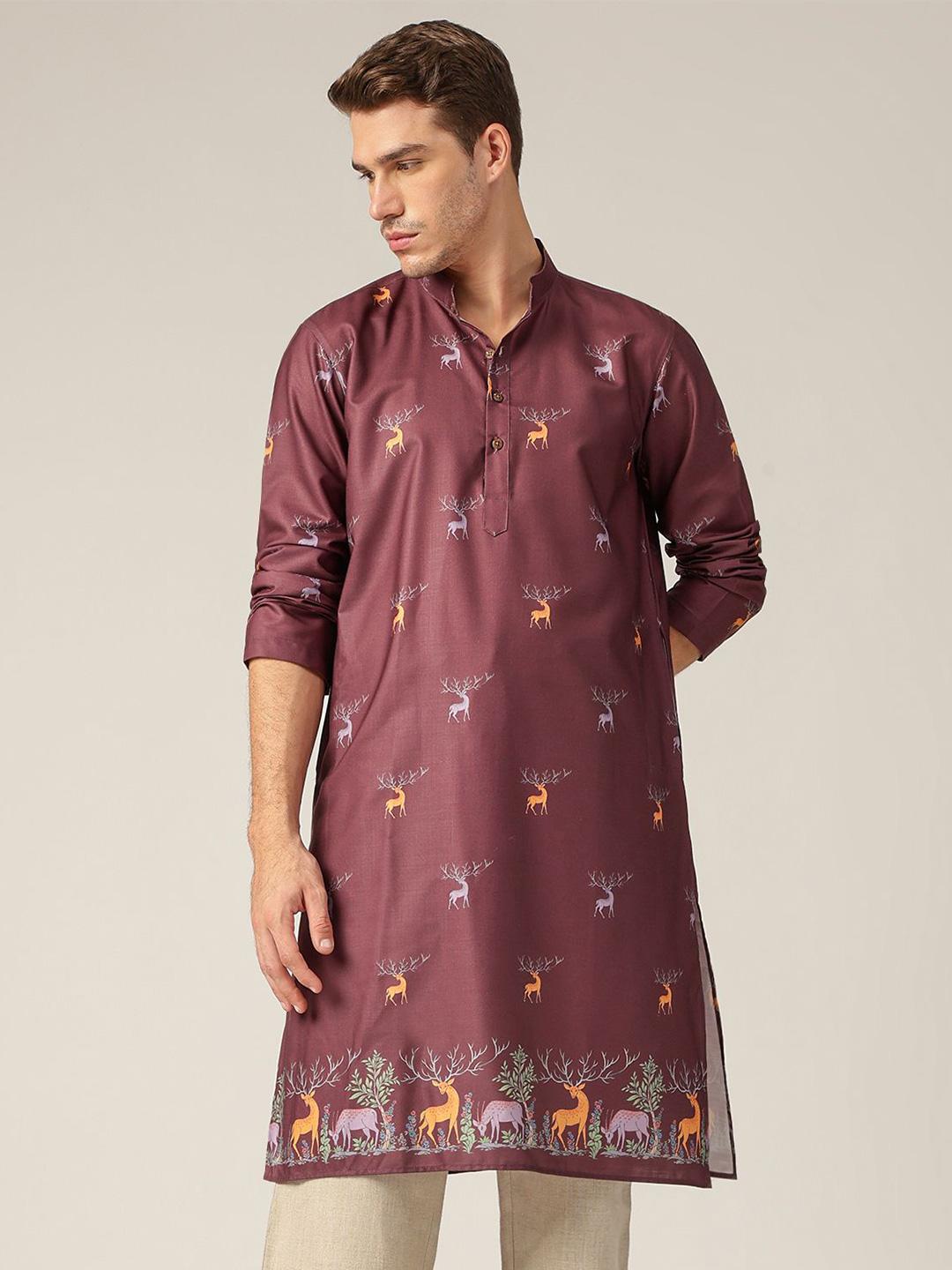 Buy DENNISON Men Animal Block Print Pure Cotton Mandarin Collar Kurta ...