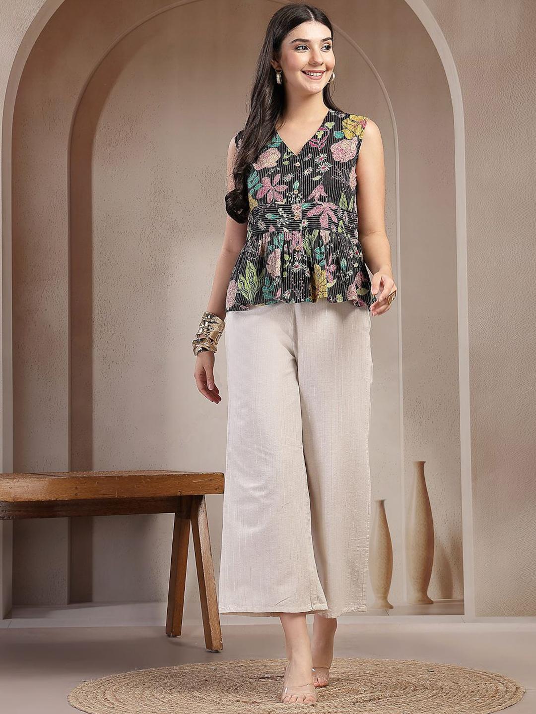 Buy Stylum Floral Printed Pure Cotton V Neck Top With Palazzos - - Apparel for Women