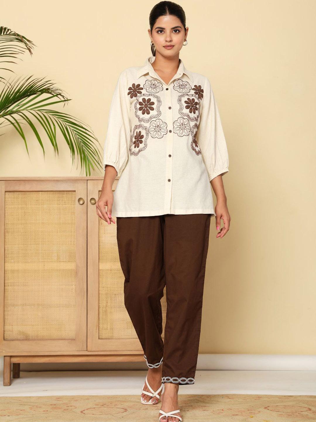 Buy Zolo Label Blossom Floral Embroidered Shirt Collar Cotton Shirt With Trousers Co Ords -  - Apparel for Women
