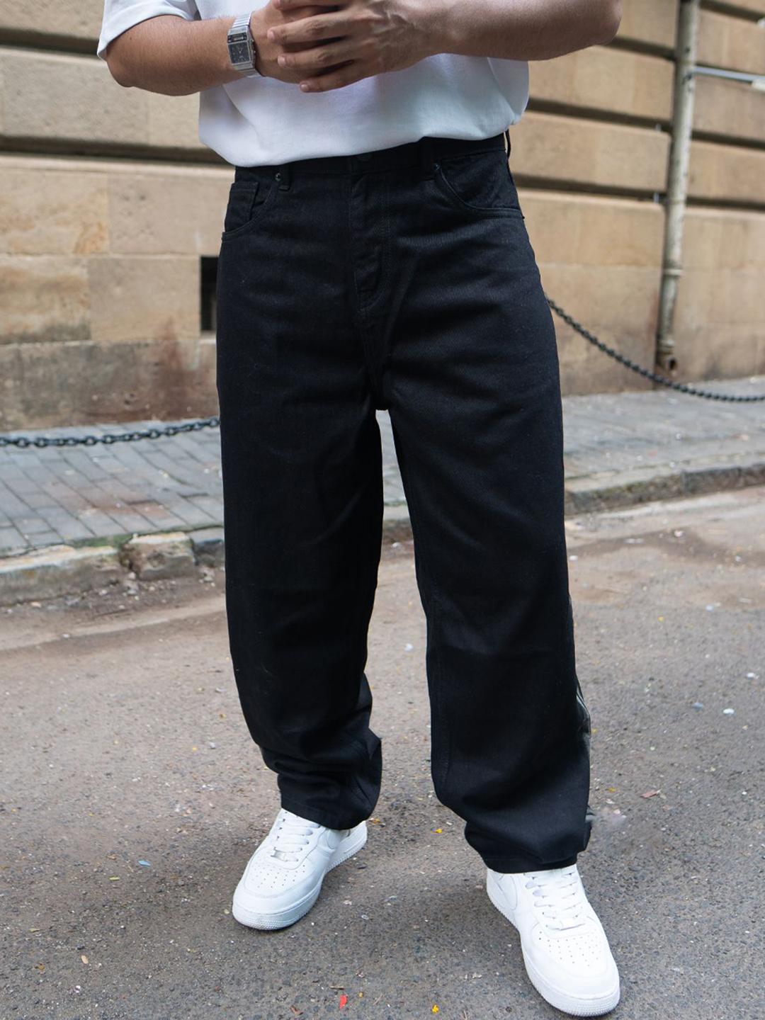 Powerlook Men Mid-Rise Black Contrast Detail Baggy Jeans