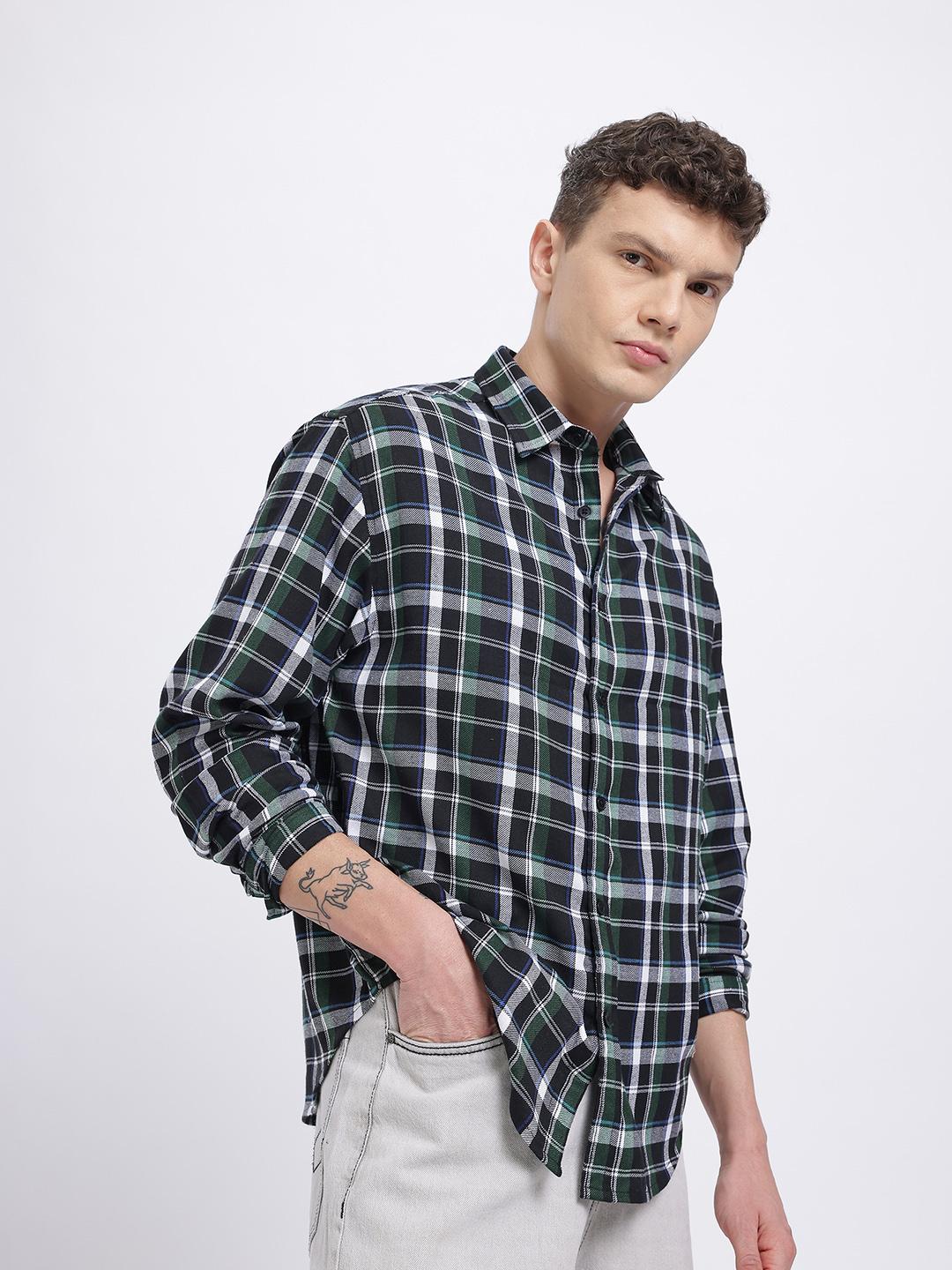 glitchez Tartan Checked Spread Collar Relaxed Fit Shirt