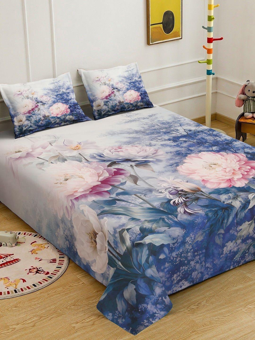 Buy KLOTTHE Blue & Pink Floral Printed Flat 300 TC King Fine Bedsheet With 2 Pillow Cover -  - Home for Unisex