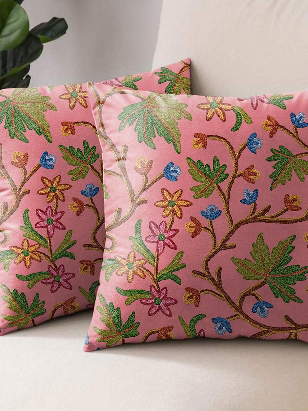 Buy Aura Pink & Green Set Of 2 Floral Printed Square Cushion Covers -  - Home for Unisex