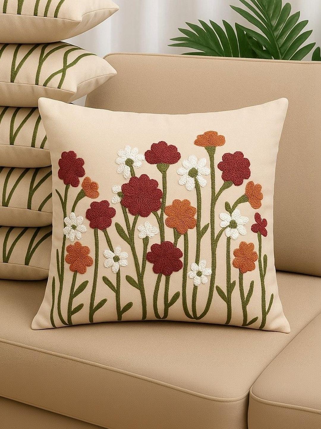 Buy LOFEY Beige Set Of 5 Floral Satin Square Cushion Covers -  - Home for Unisex