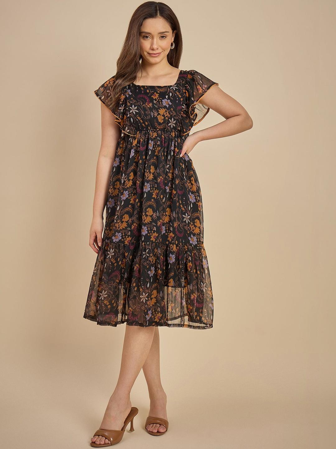 Buy Azira Floral Print Flutter Sleeve Ruffled Crepe A Line Midi Dress ...