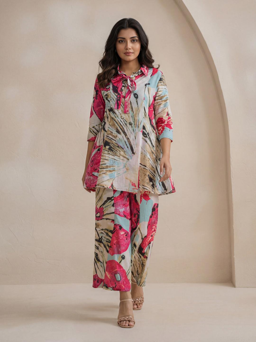 Buy SZN Casual Printed Shirt Collar Tunic & Trousers Co Ords - - Apparel for Women