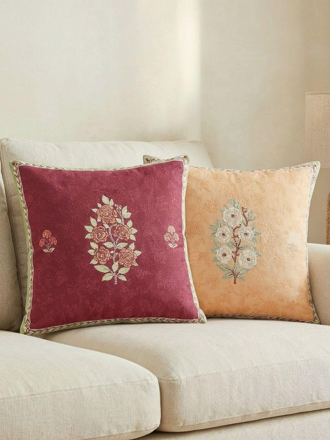 Buy Haus & Kinder Orange & Rose Set Of 2 Floral Square Cushion Covers - - Home for Unisex