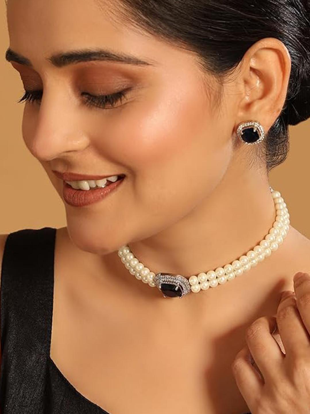 Buy Nuyug  Rhodium Plated Pearls & Artificial Stones Studded Jewellery Set -  - Accessories for Women