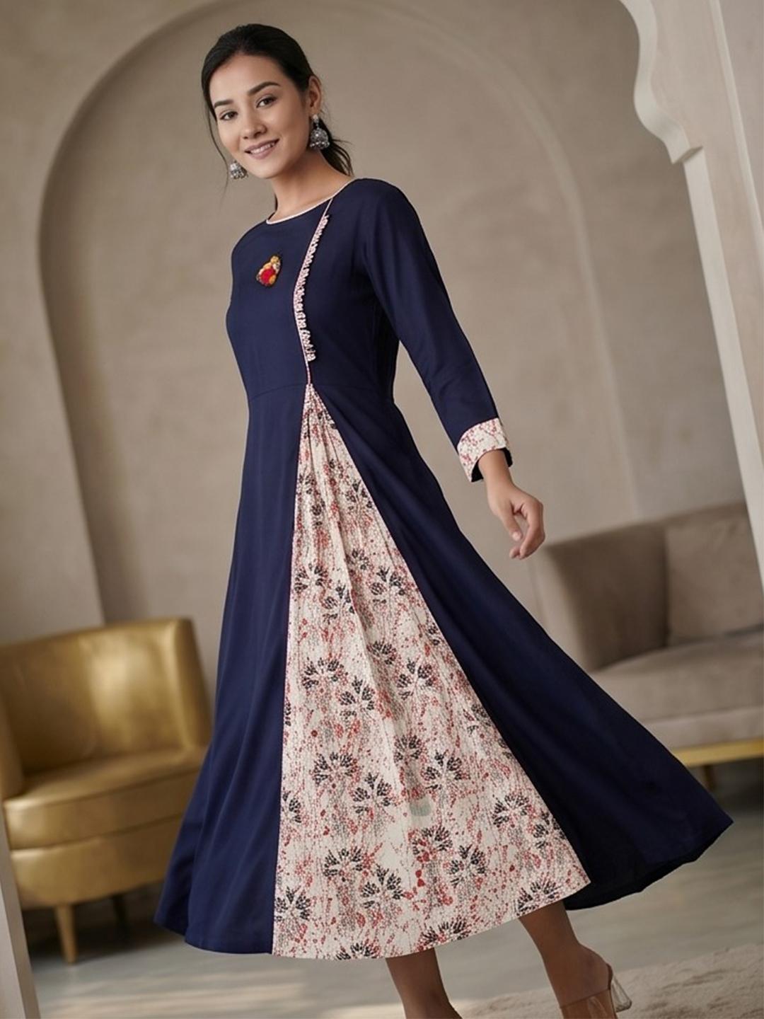 Buy Indiwest Solid A Line Kurta With Floral Printed Godet - - Apparel for Women