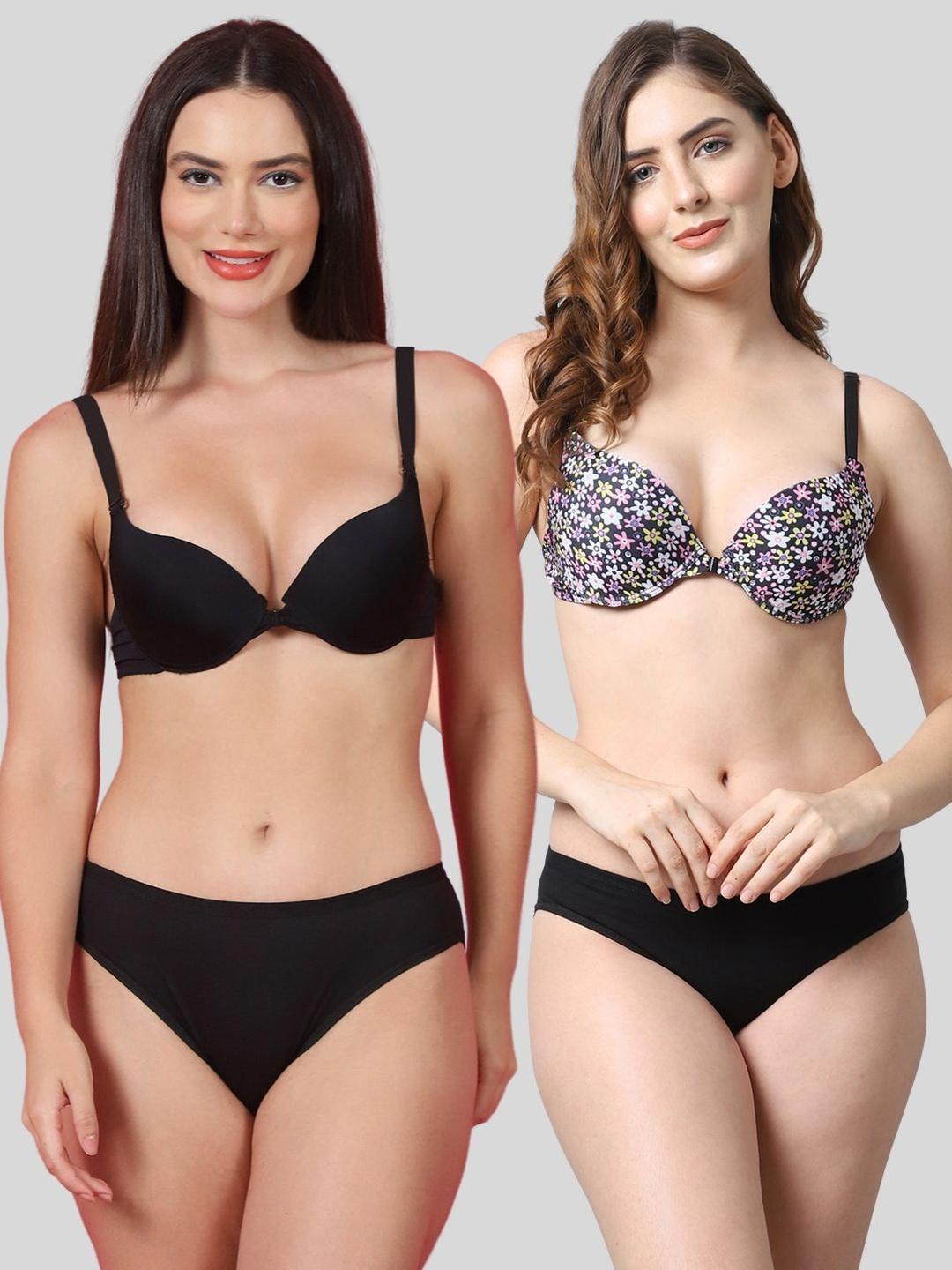 Buy Quttos Pack Of 2 Printed Lightly Padded And Underwired Mid Rise Lingerie Set - - Apparel for Women