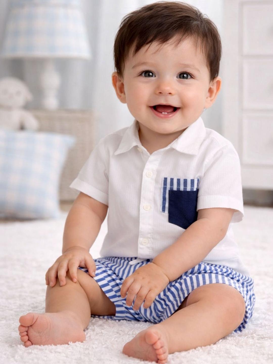 Buy Purple United Kids Infant Boys White Shirt Blue Stripe Shorts Coord Set - - Apparel for Boys