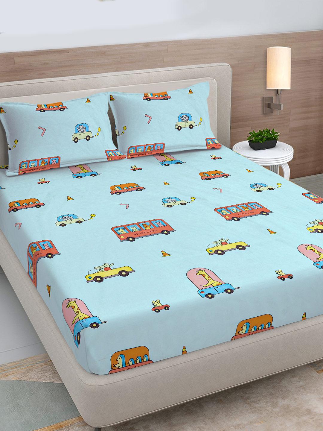 Buy FABINALIV Blue Cartoon Print Polycotton 300 TC Fitted King Bedsheet With 2 Pillow Covers - - Home for Unisex Kids