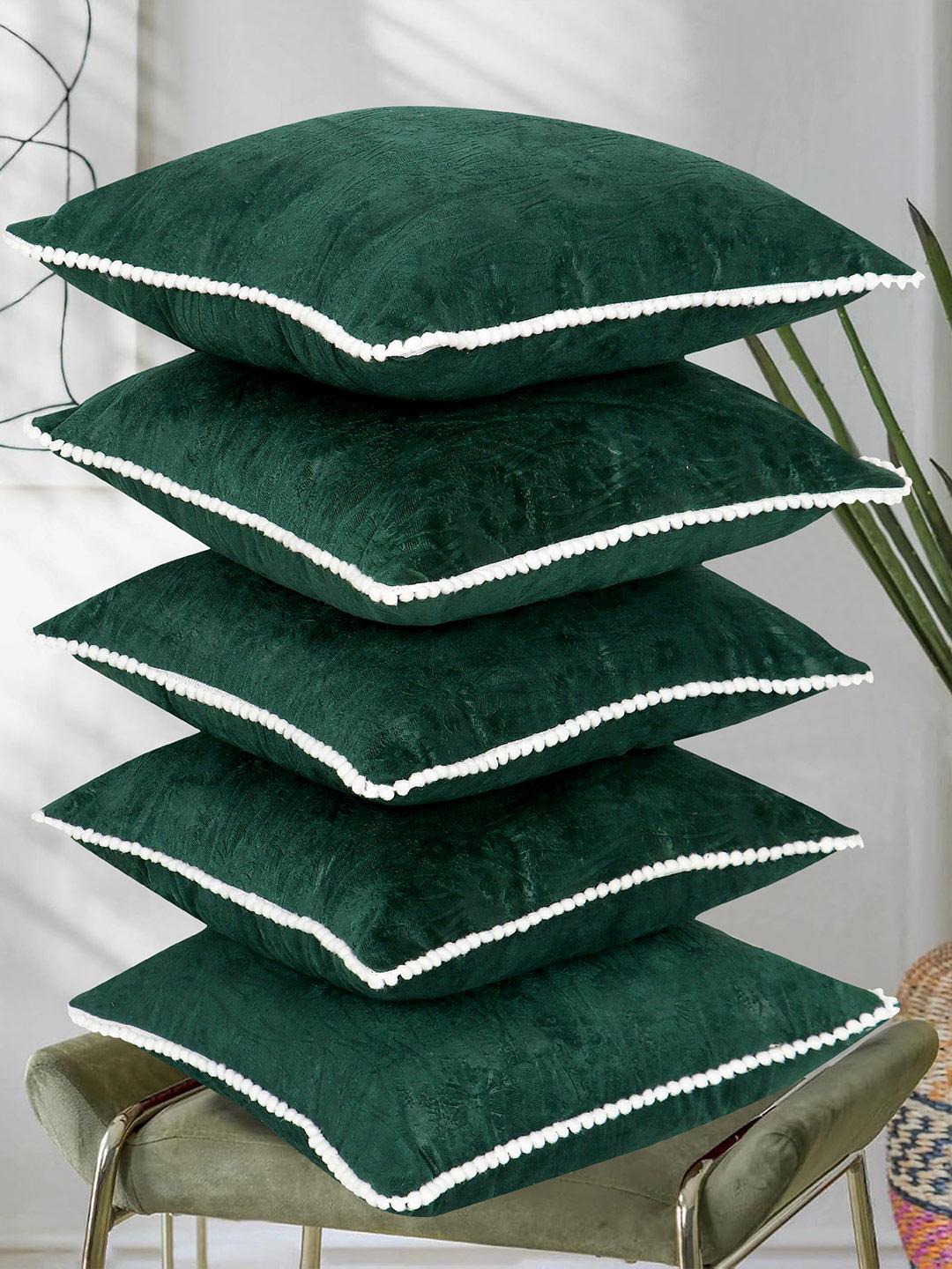 Buy RD TREND Dark Green Set Of 5 Square Velvet Cushion Covers With Pom Pom 16x16 Inch - - Home for Unisex