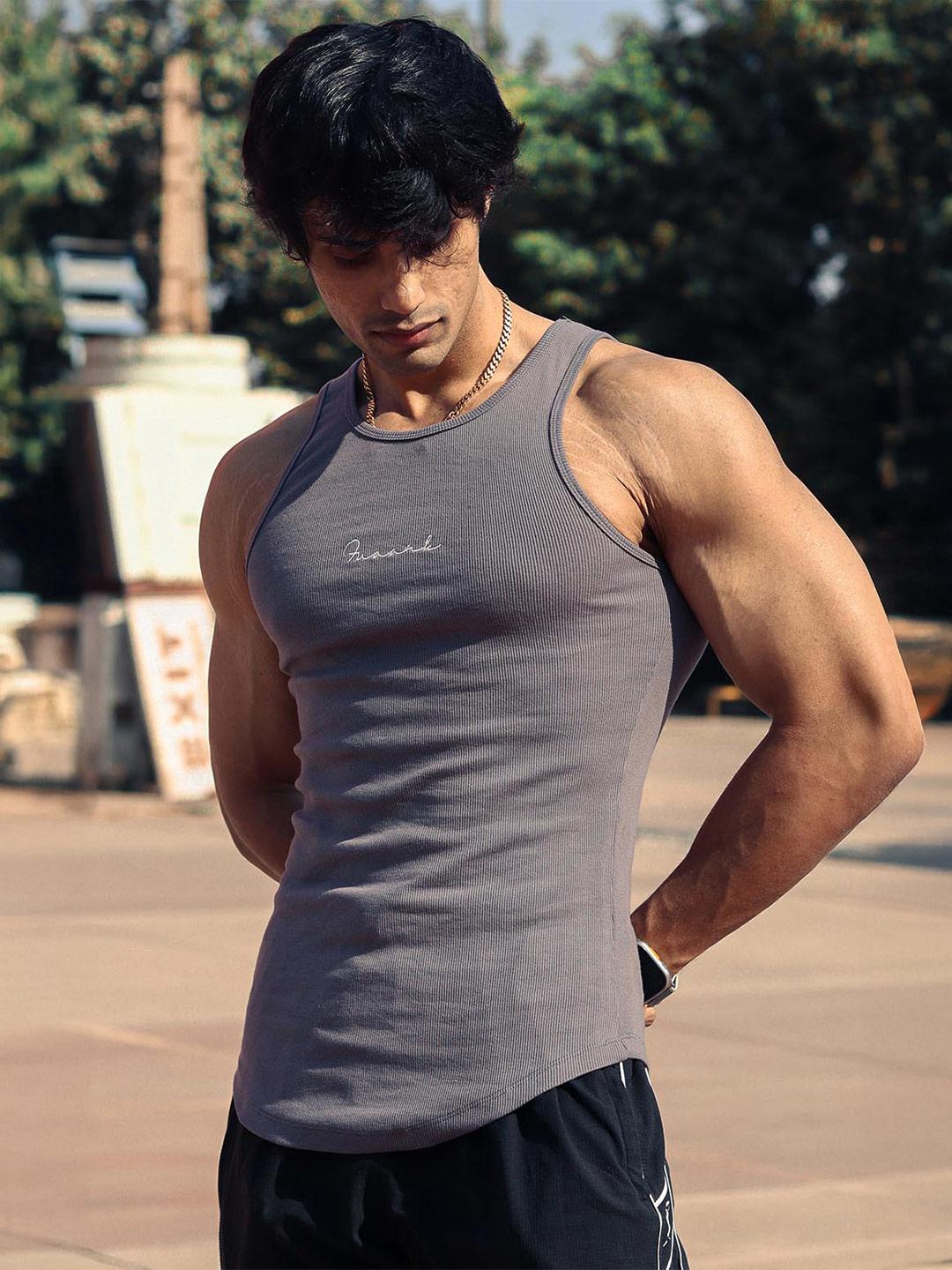 Fuaark Men's Grey Ribbed Gym Tank