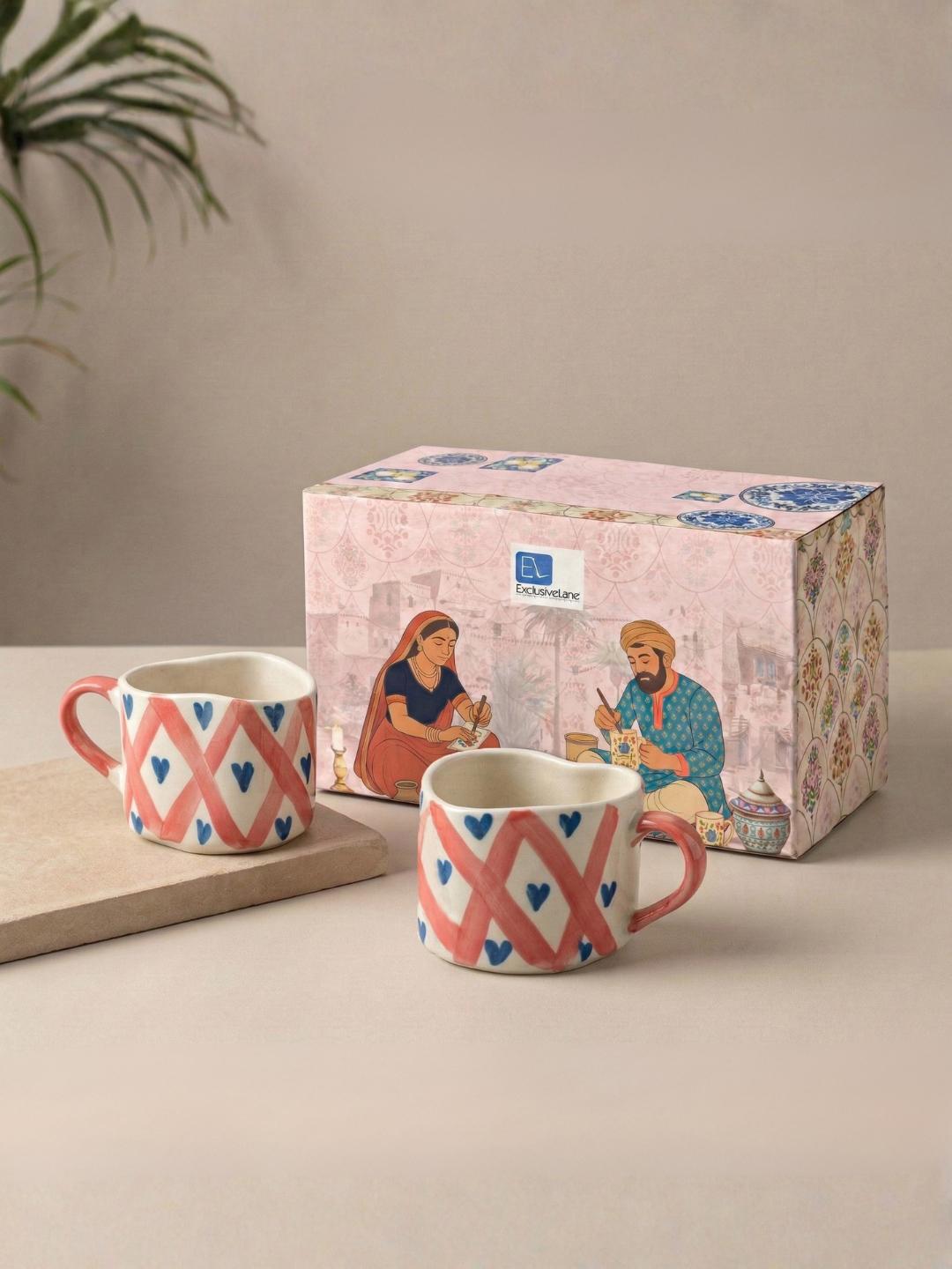 ExclusiveLane White &amp; Pink 2 Pieces Printed Ceramic Glossy Cups