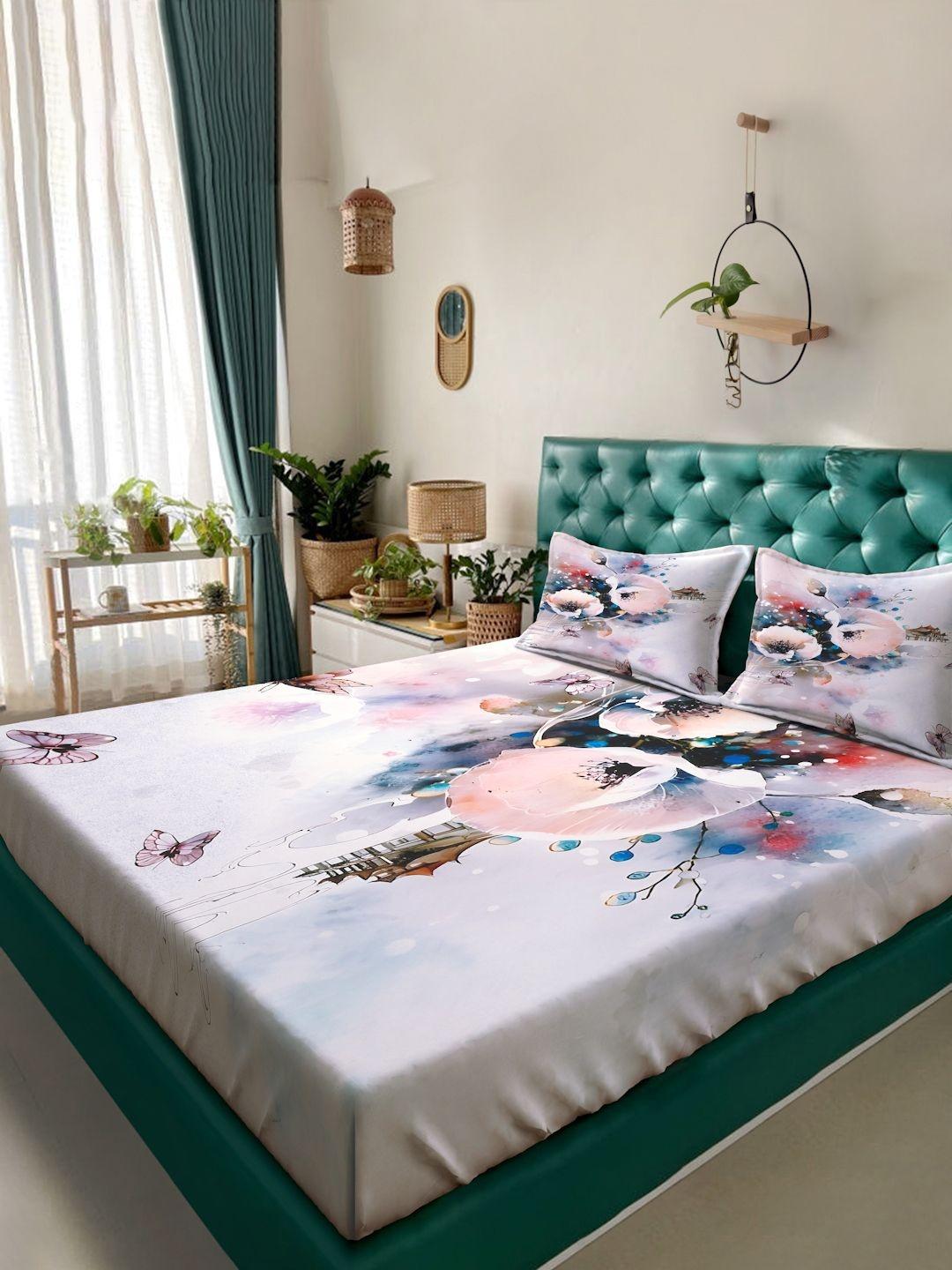 Buy KLOTTHE Pink & Blue Floral Printed Flat 300 TC Super King Bedsheet With 2 Pillow Cover - - Home for Unisex