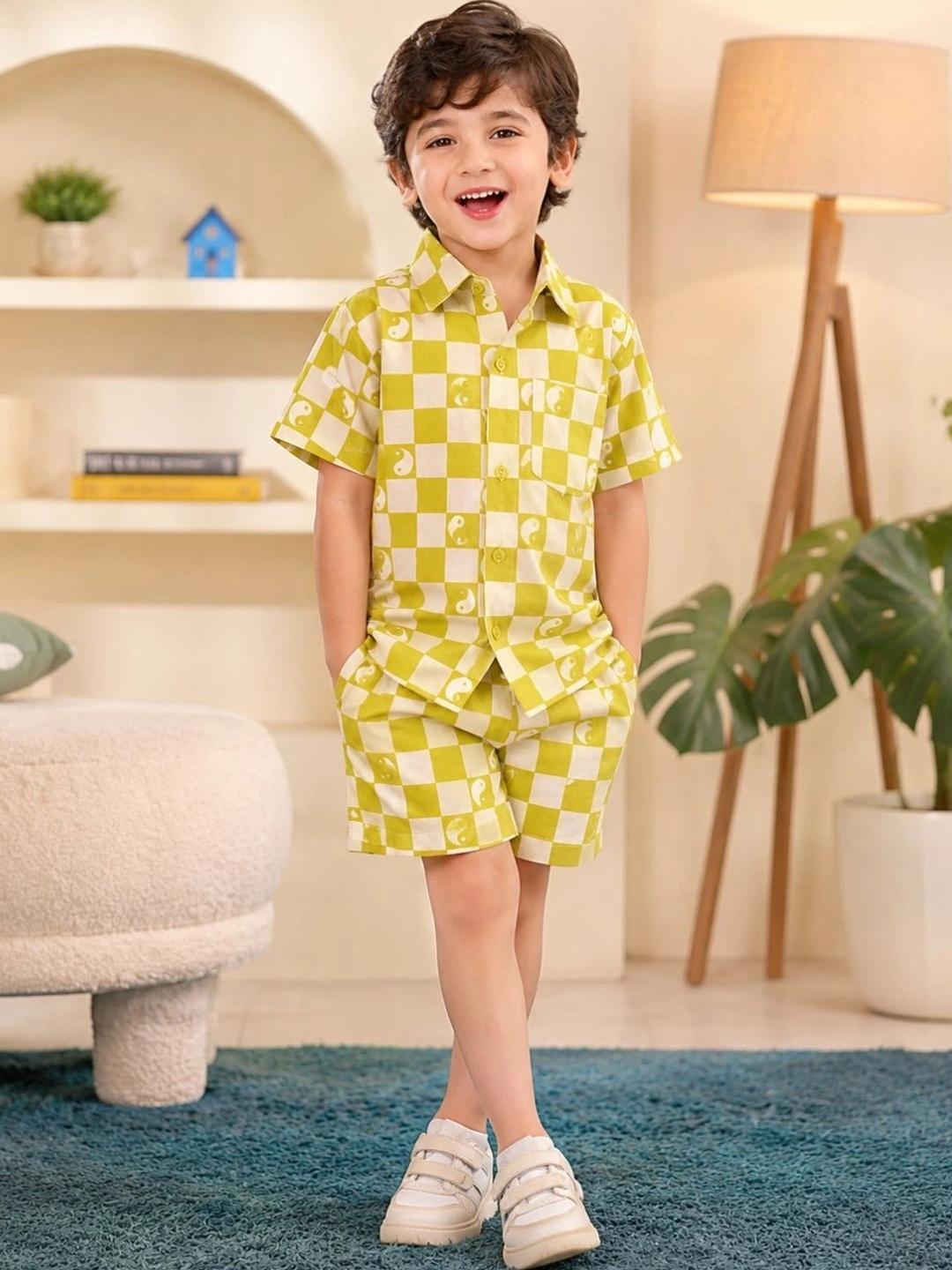 Buy Superminis Boys Printed Checked Shirt Collar With Shorts Rayon Clothing Set -  - Apparel for Boys