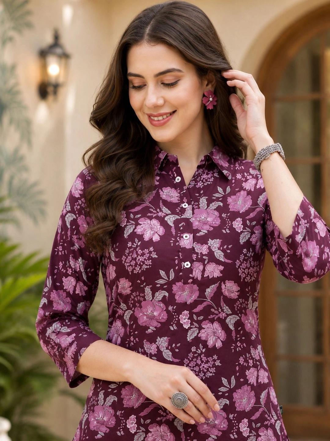 Buy Pistaa Floral Printed Shirt Collar Pure Cotton Tunic & Trousers - - Apparel for Women