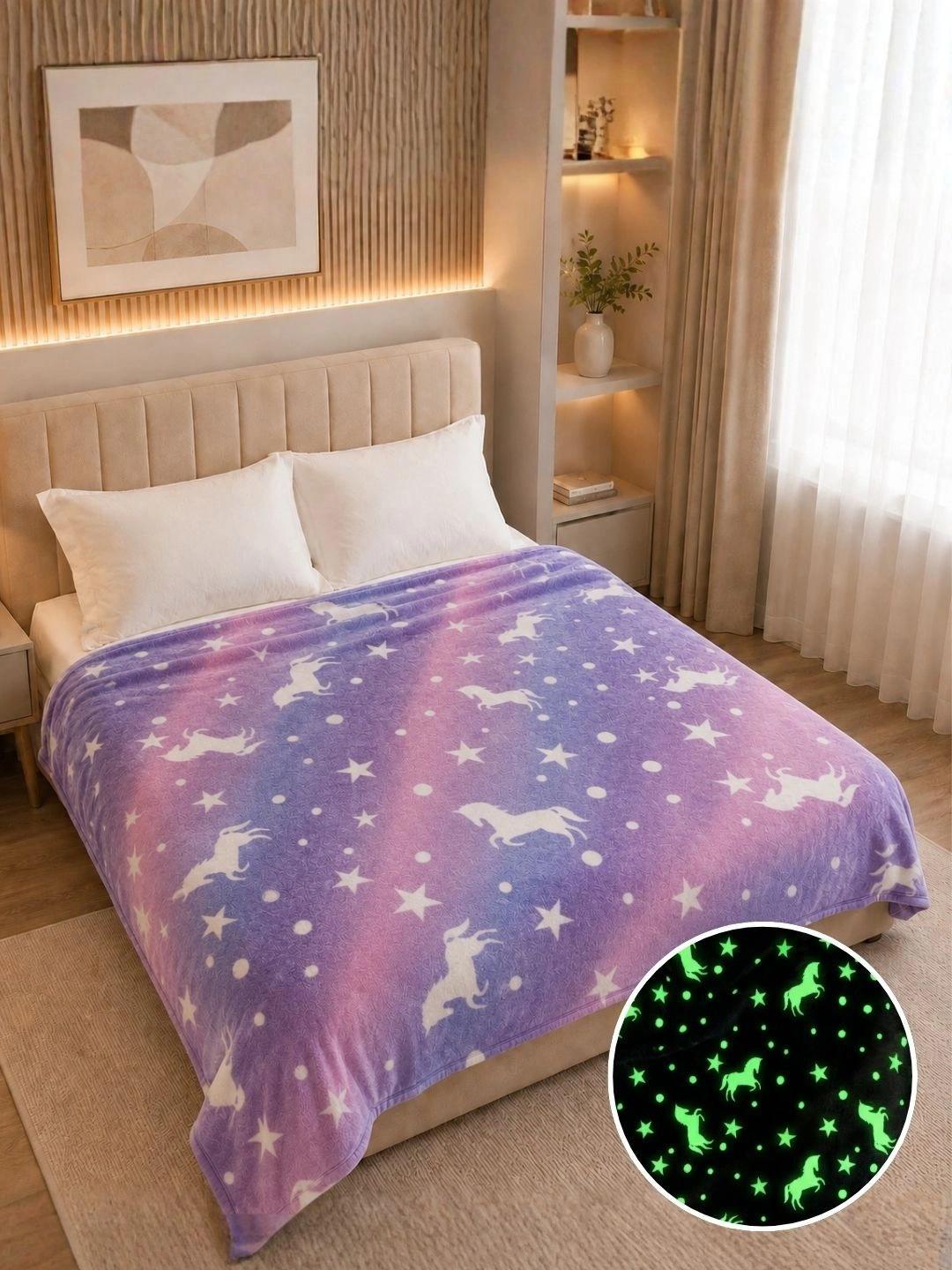Buy Famyo Kids Purple Unicorn Glow In Dark Fleece Lightweight 210 GSM AC Room Queen Blanket - - Home for Unisex Kids