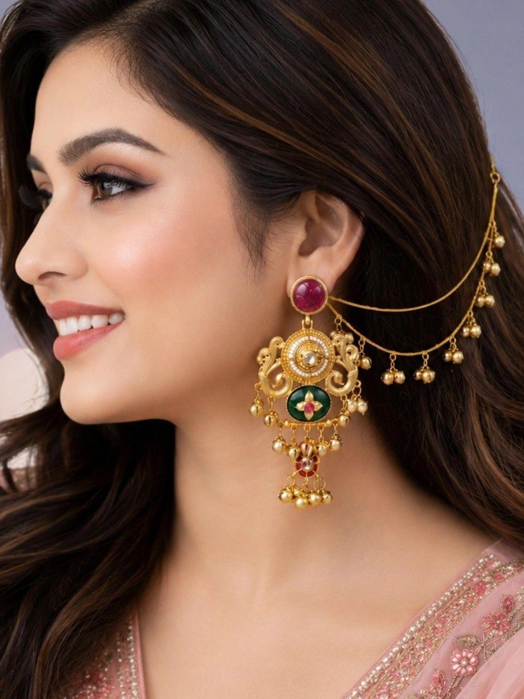 Buy OOMPH Gold Heritage Ghungroo Kashmiri Drop Earrings With Sahara Hair Chain -  - Accessories for Women