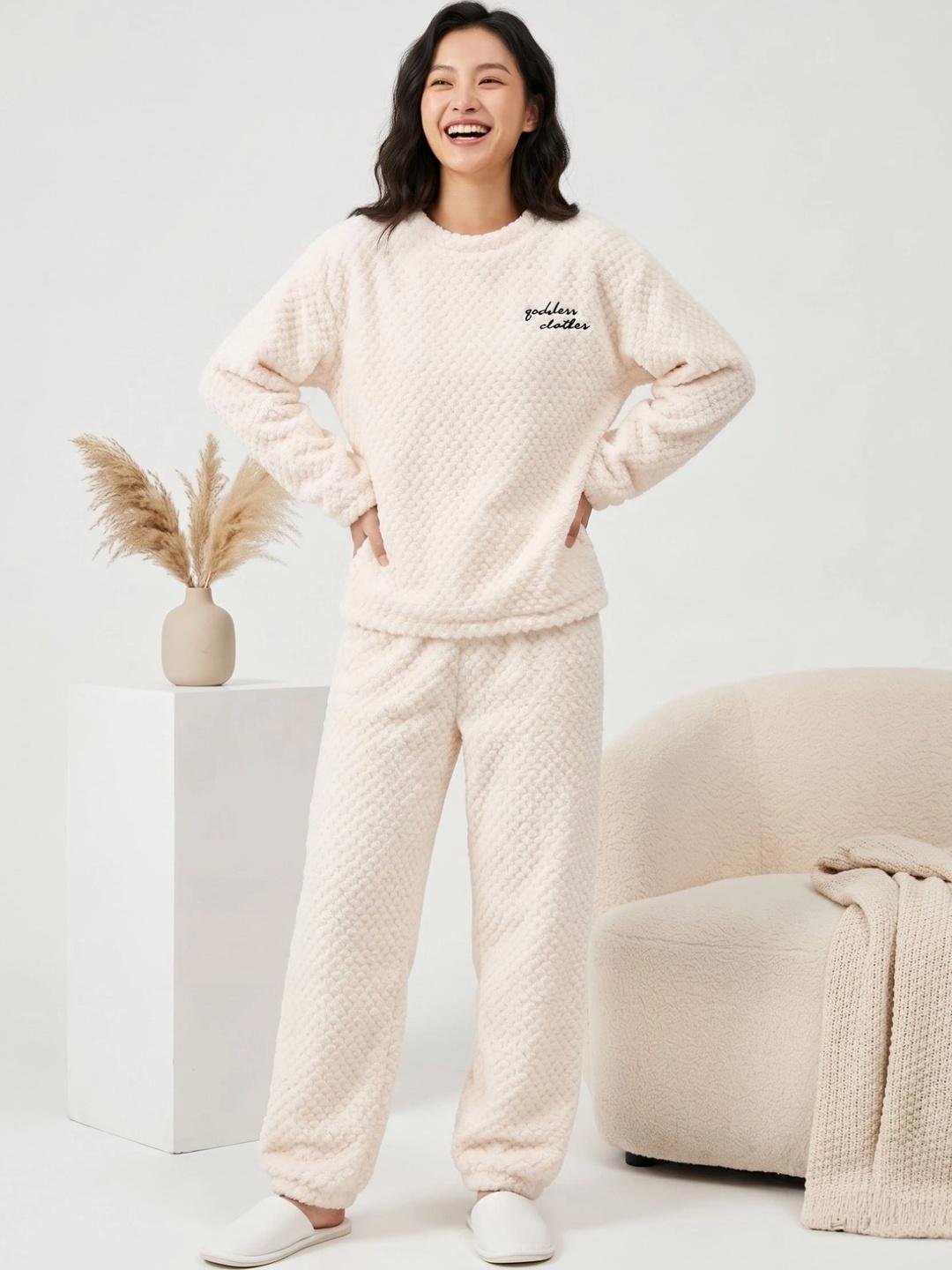 Buy Women Off White Textured Plush Winter Top And Pyjama Night Suit Set ...