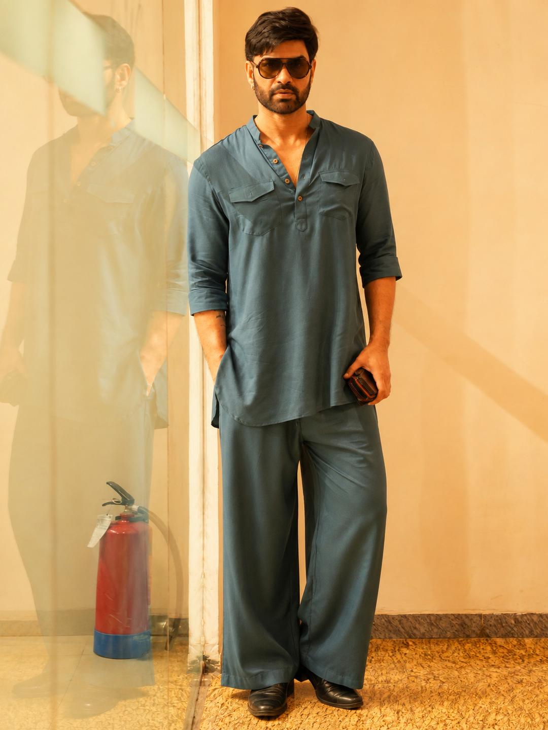See Designs Men Grey Solid Pathani Kurta with Pyjamas