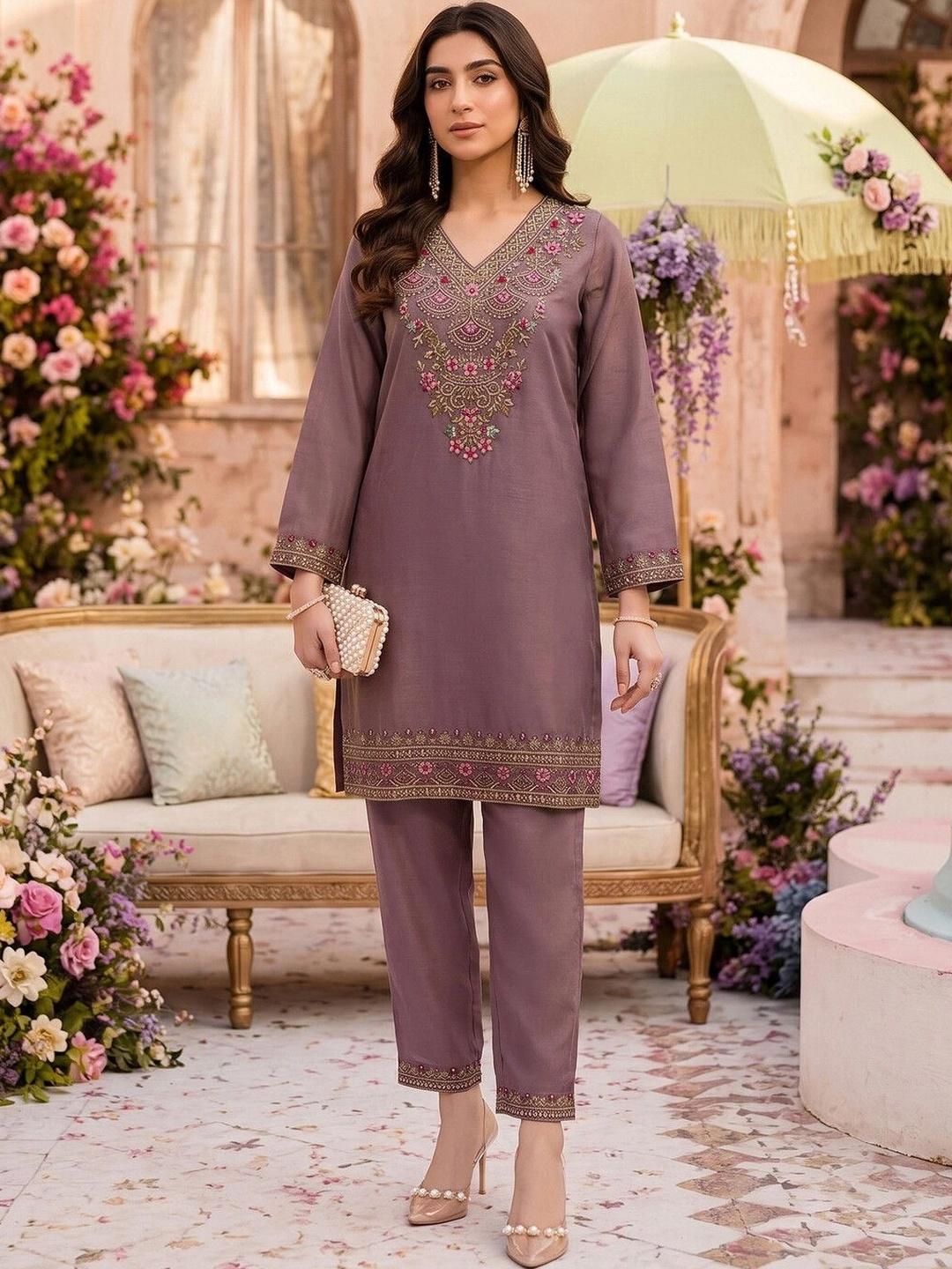 Buy SKYLEE Embroidered Dusty Mauve Silk Blend Co Ords For Women -  - Apparel for Women