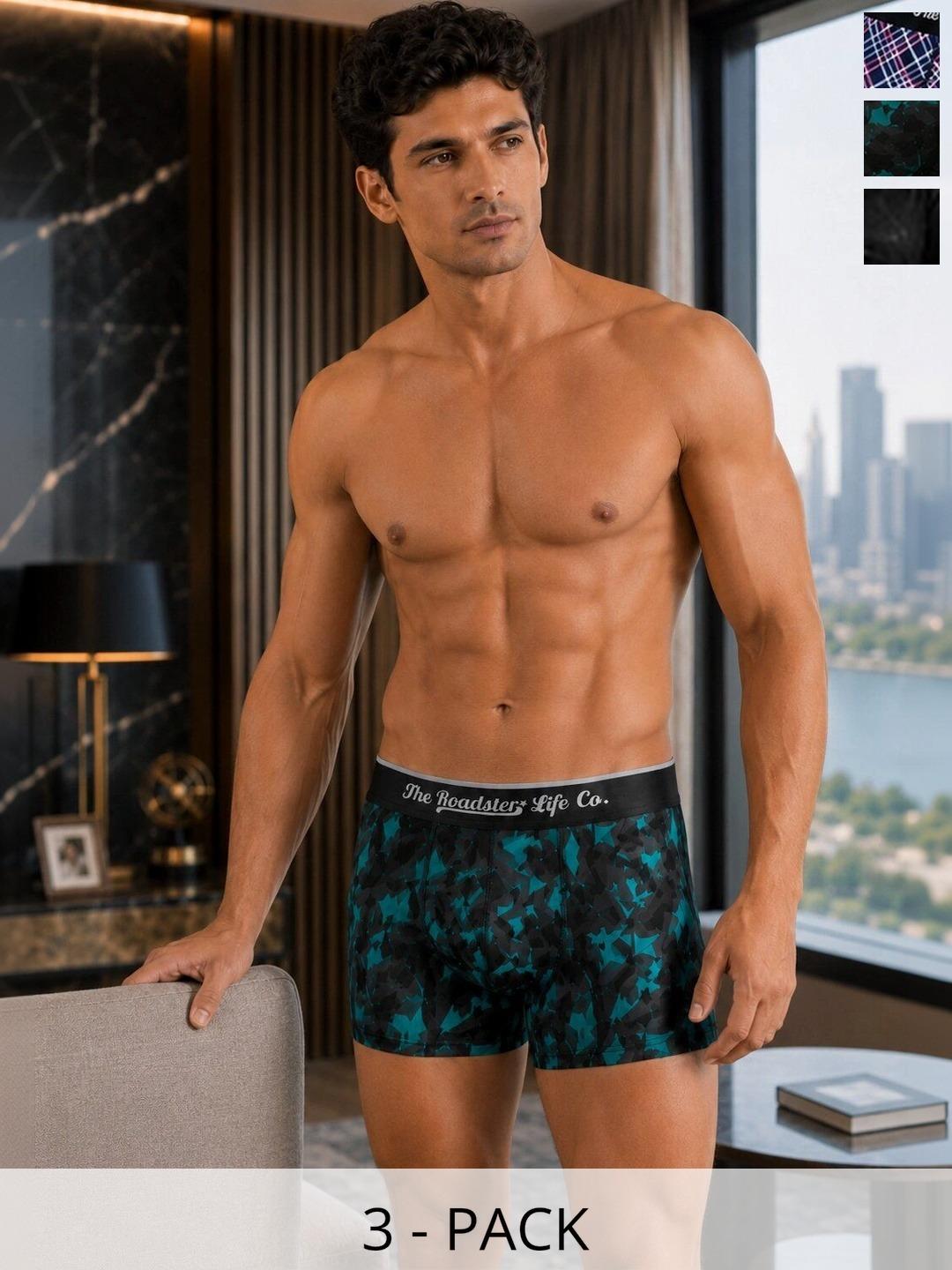 Buy Roadster Pack Of 3 Cotton Blend Assorted Printed Trunks -  - Apparel for Men