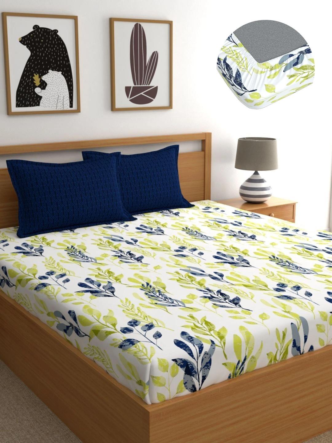Buy Home Ecstasy Blue & Green Floral 140 TC Queen Bedsheet With 2 Pillow Covers - - Home for Unisex