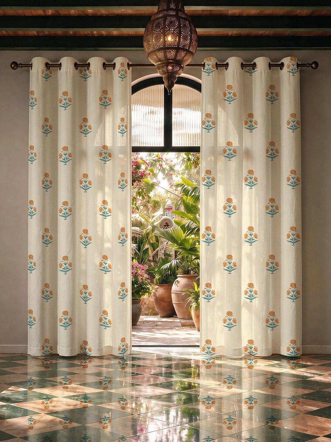Buy URBAN SPACE White & Yellow 2 Pieces Floral Printed Long Door Curtains -  - Home for Unisex