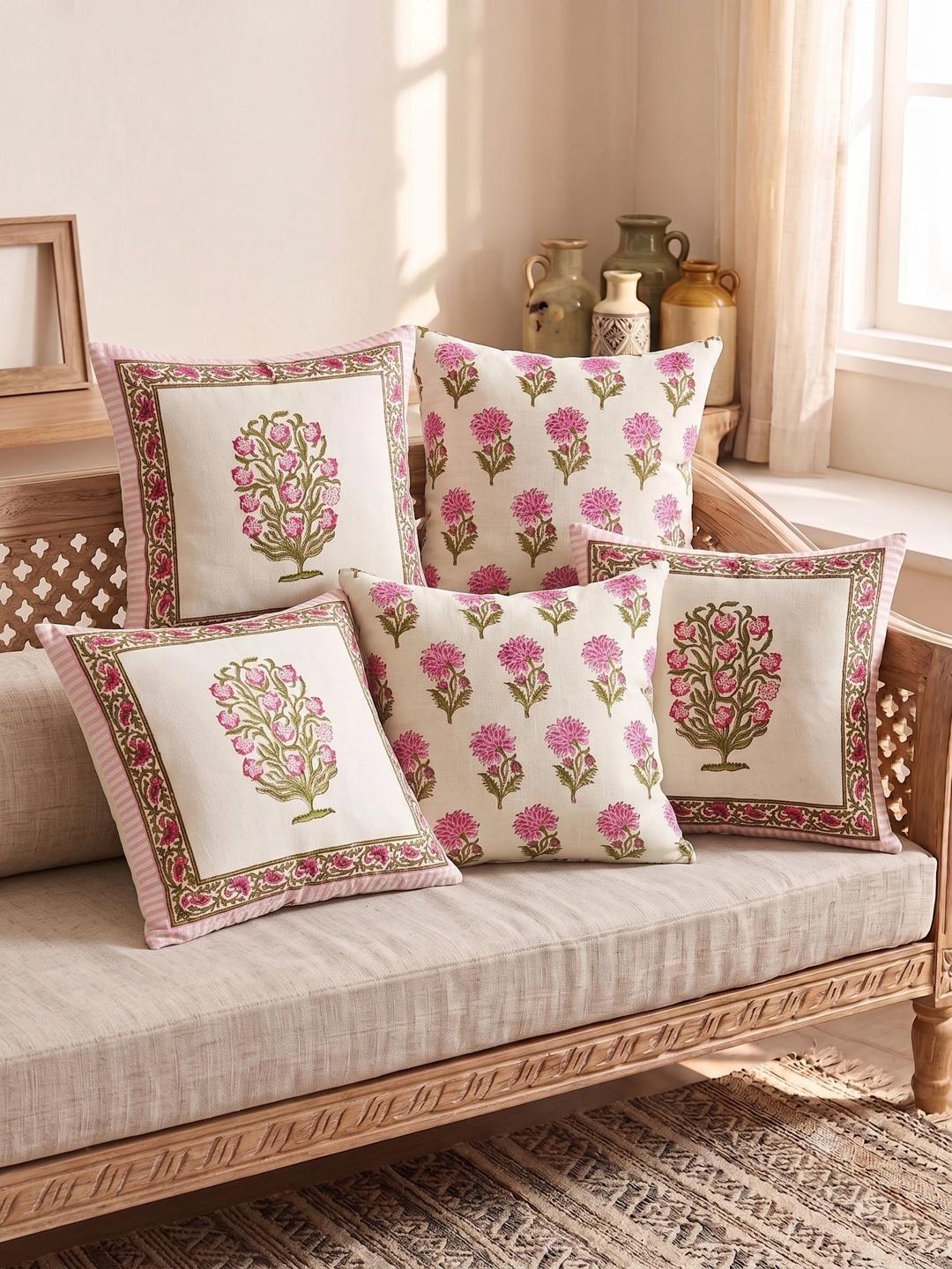Buy BLOCKS OF INDIA Pink & Green Set Of 5 Floral Linen Blend Square Cushion Covers -  - Home for Unisex