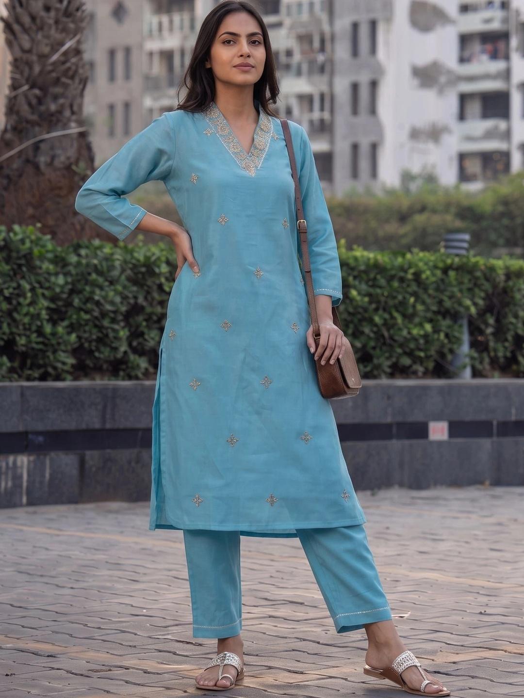 Buy The Suitable Chanderi Embroidered Tunic With Trousers - - Apparel for Women