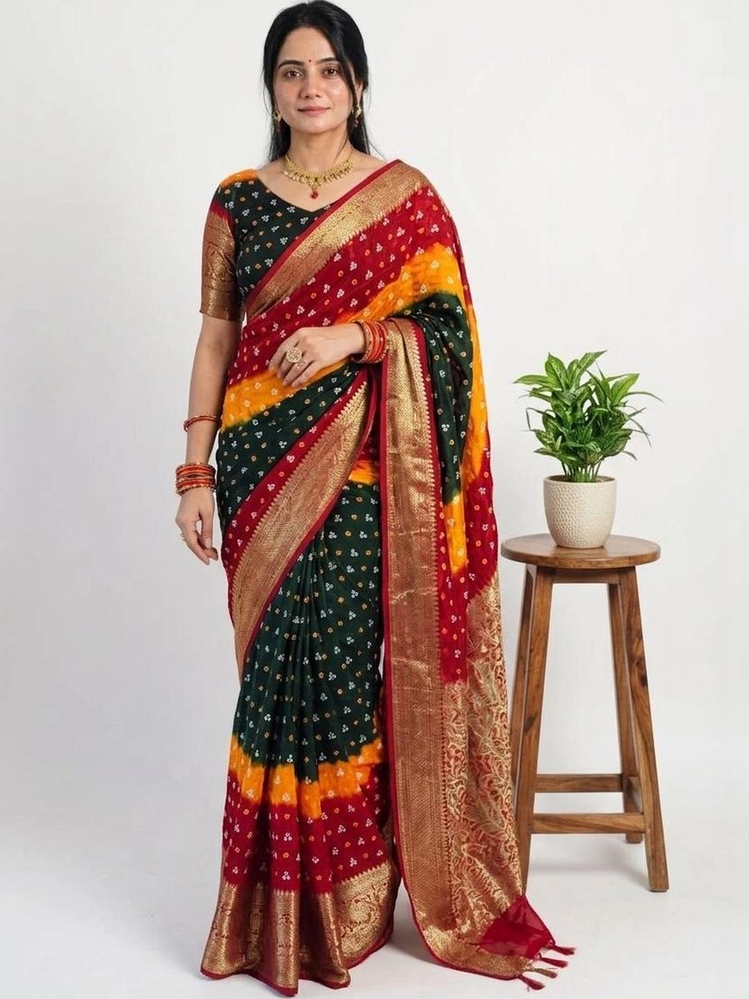 IKSHARA Bandhani Zari Silk Cotton Saree - Image 1