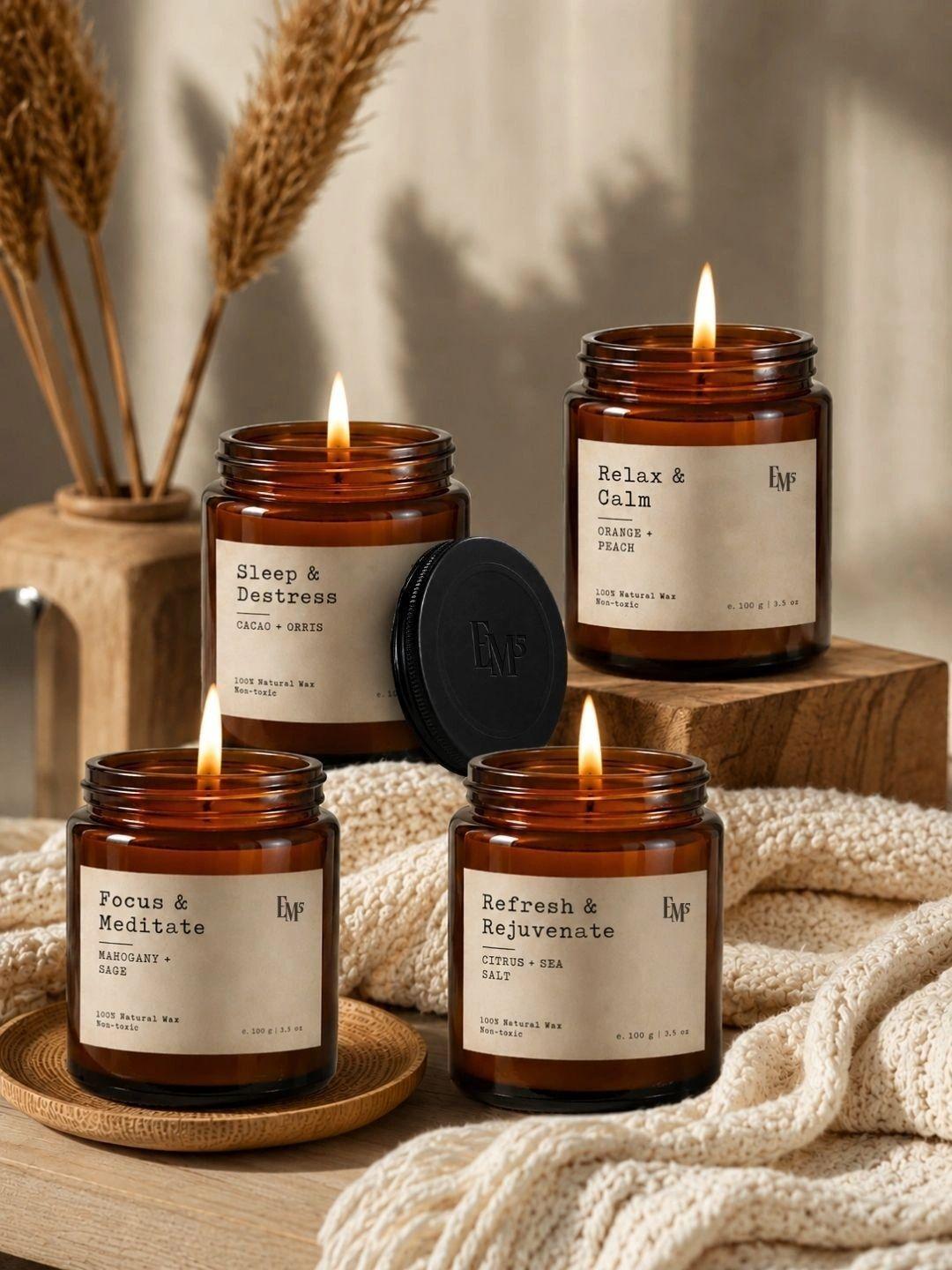 Buy EM5 Aromatherapy 4Pcs Cacao + Orris, Orange + Peach, Citrus + Sea Salt, Mahagony + Sage Jar Candles -  - Home for Unisex