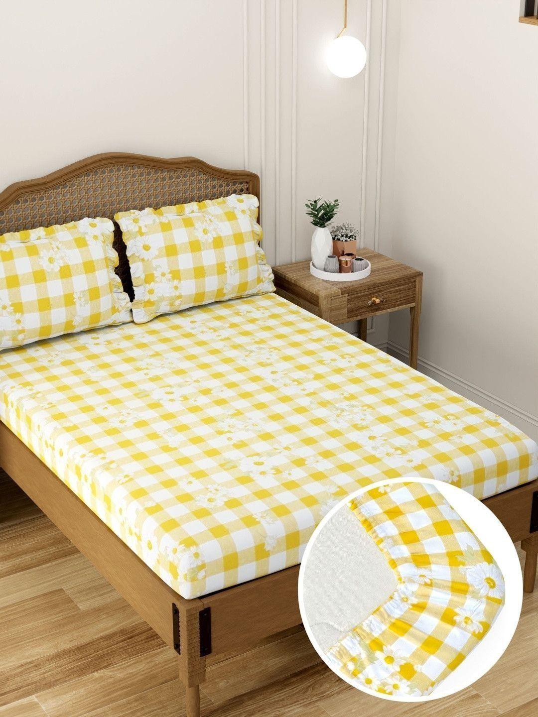 Buy Pure Decor White Cotton Feel King Elastic Fitted Double Bedsheet With 2 Frill Pillow Cover - - Home for Unisex