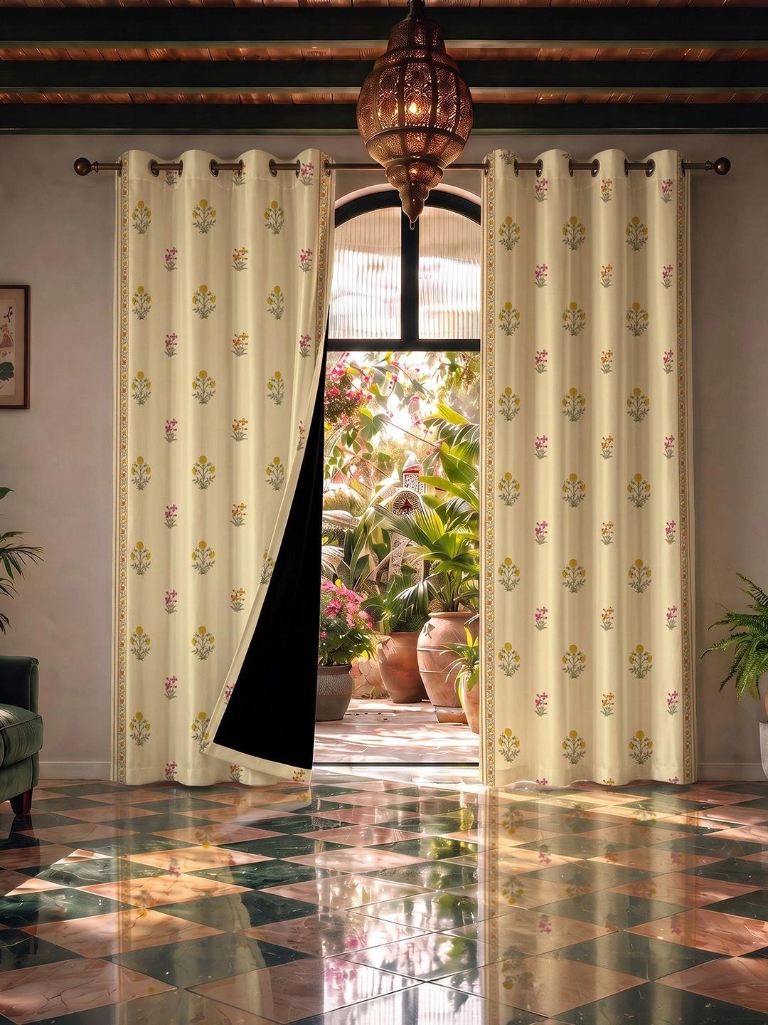 Buy URBAN SPACE Off White & Yellow Set Of 2 Floral Black Out Window Curtain - - Home for Unisex